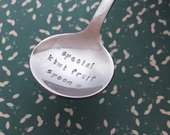Hand Stamped kiwi fruit spoon, special kiwi fruit spoon, love, Personalised, fruit, stainless steel cutlery, custom, your message, egg spoon