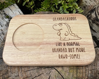 Personalised Dinosaur Drink and snack board, coffee, tea, biscuit, granny, grandad, wooden, fathers day, birthday, custom gift, cake, treat