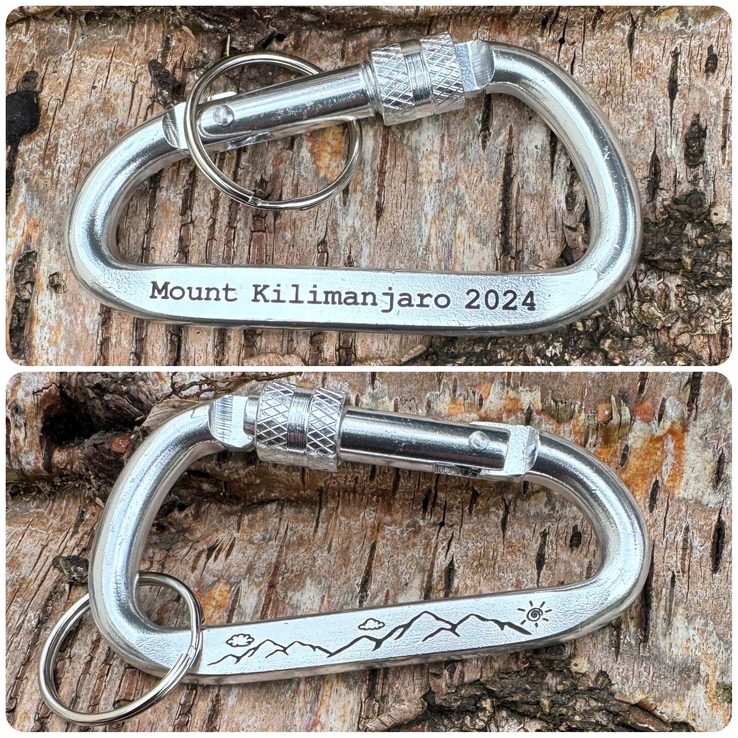Mountain Carabiner Keychain, Kilimanjaro, Mount Everest, expedition, climbers, base camp, year, personalised, mountain, screw lock, keyring