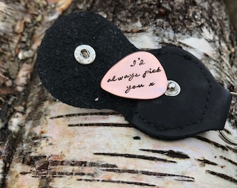 Hand Stamped Copper Guitar Pick, Personalized Keychain Pouch, 7th Anniversary Gift