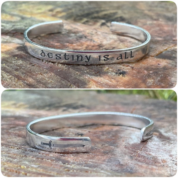 Viking cuff, "Destiny is all", Uhtred, swords, aluminium bracelet, Elder Futhark, Norse, Viking, warrior, Odin, Thor, Wiccan, engraved