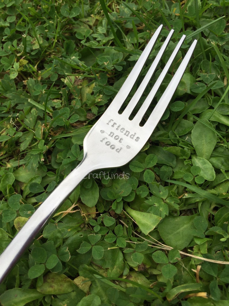 Hand stamped fork, Friends not food,vegan, vegetarian, eat green, heart, personalised, love animlas, your message, good food, eat well, image 1