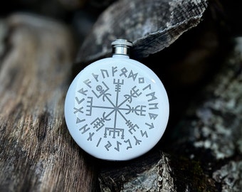 Vegvisir Compass Hip Flask, White Stainless Steel, Norse Mythology