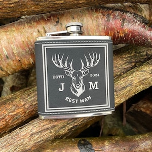 hip flask,PU leather, personalised, stag, deer, 6oz, whiskey, whisky, grandad, husband, groom, gift, initials, stainless steel, dad, wood.