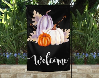 Garden Flag | Welcome Fall Garden Flag | Welcome Flag | Yard Decor | Garden Decor| Porch Decor | Black with Trio of Pumpkins