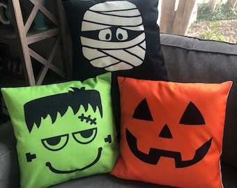 Halloween Face Pillow Covers | Set of Three | Mummy | Jack-o-Lantern | Frankenstein