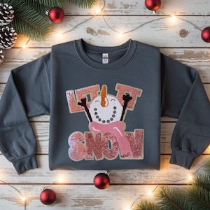 Crewneck Sweatshirt with Sequin and Chenille Patch - Let it Snow Snowman