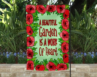 Garden Flag | A Garden is a Work of Heart Flag | Welcome Flag | Yard Decor | Garden Decor| Porch Decor | Red