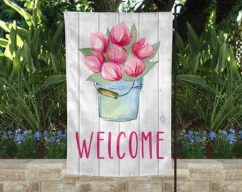Spring Garden Flag | Welcome Flag | Spring Garden Flag | Porch Decor | Yard Flag | Outdoor House Decor | Pink Tulips | Double Sided