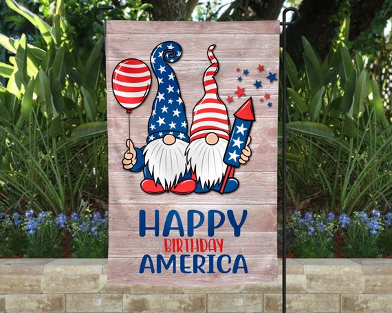 Garden Flag |Happy Birthday America Flag | Gnomes | Porch Decor | Fourth of July | Outdoor Decor | July 4th | Red White Blue