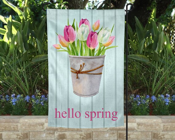 Hello Spring Garden Flag | Welcome Flag | Spring Garden Flag | Porch Decor | Garden Flag | Outdoor House Decor | Bucket of Tulips
