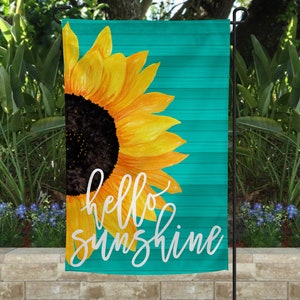 Garden or House Flag | Hello Sunshine Flag | Welcome Flag | Yard Decor | Garden Decor| Porch Decor | Sunflower Flag | Teal