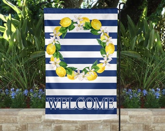 Garden Flag Lemon Blue White Stripes | Welcome Yard Flag | Welcome Flag | Decorative Outside Flag | Double Sided Garden Flag