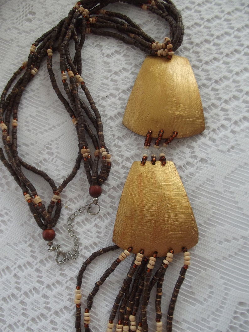 SALE WOODEN ART large necklace beads hand crafted long necklace gold brown natural native plus size style jewellery
