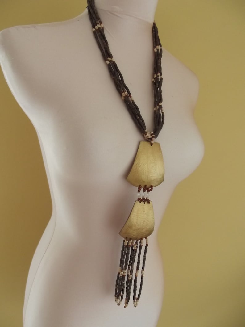 SALE WOODEN ART large necklace beads hand crafted long necklace gold brown natural native plus size style jewellery