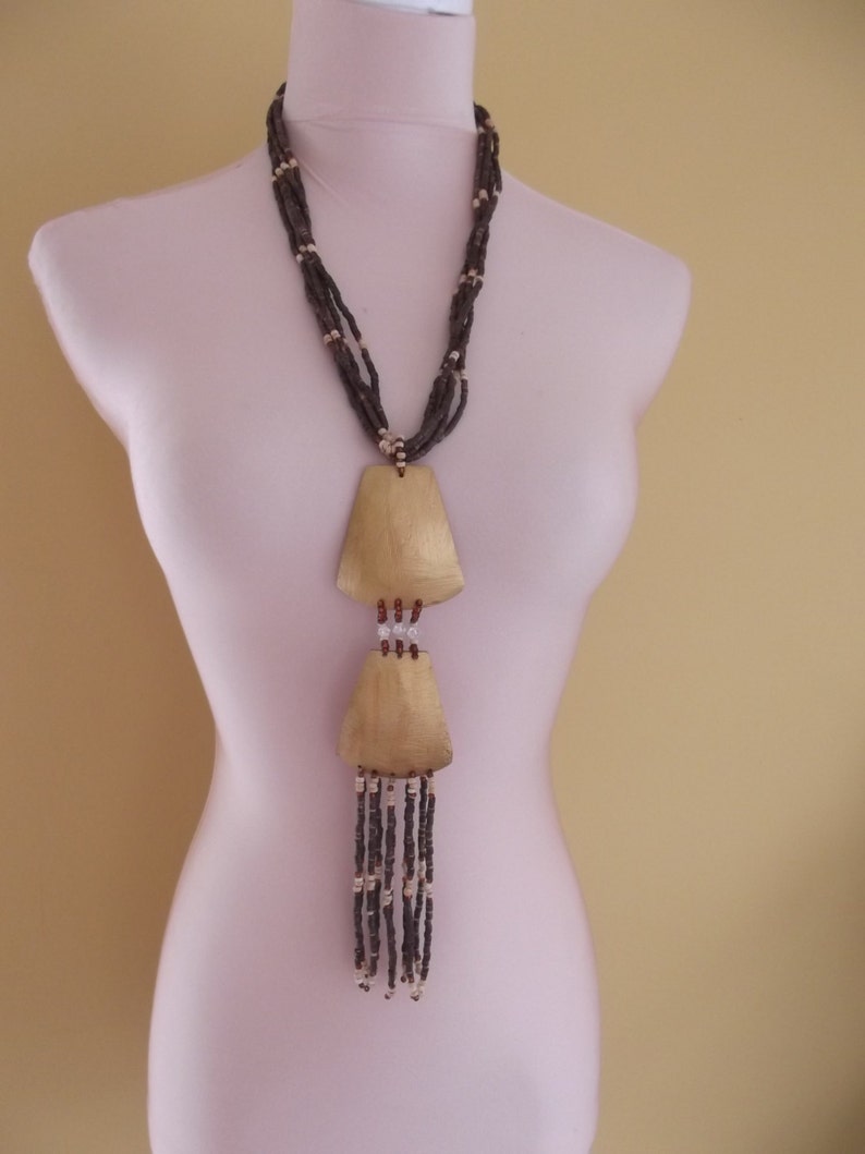 SALE WOODEN ART large necklace beads hand crafted long necklace gold brown natural native plus size style jewellery