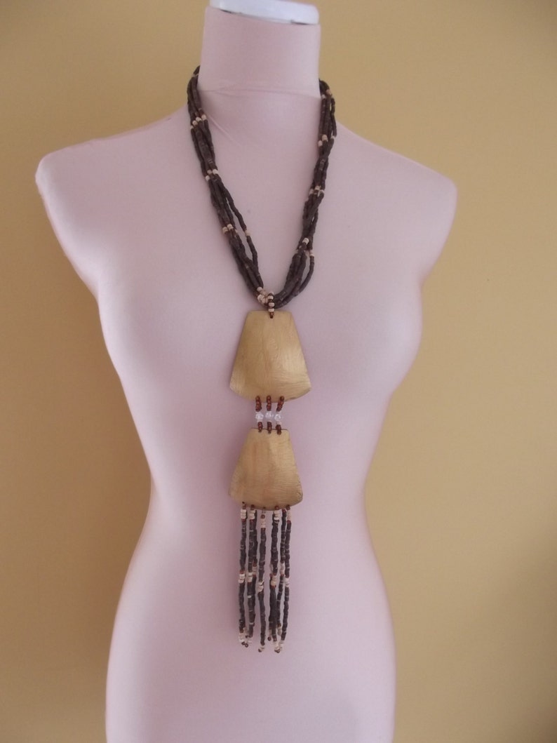 SALE WOODEN ART large necklace beads hand crafted long necklace gold brown natural native plus size style jewellery