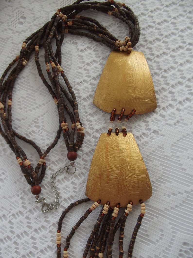 SALE WOODEN ART large necklace beads hand crafted long necklace gold brown natural native plus size style jewellery