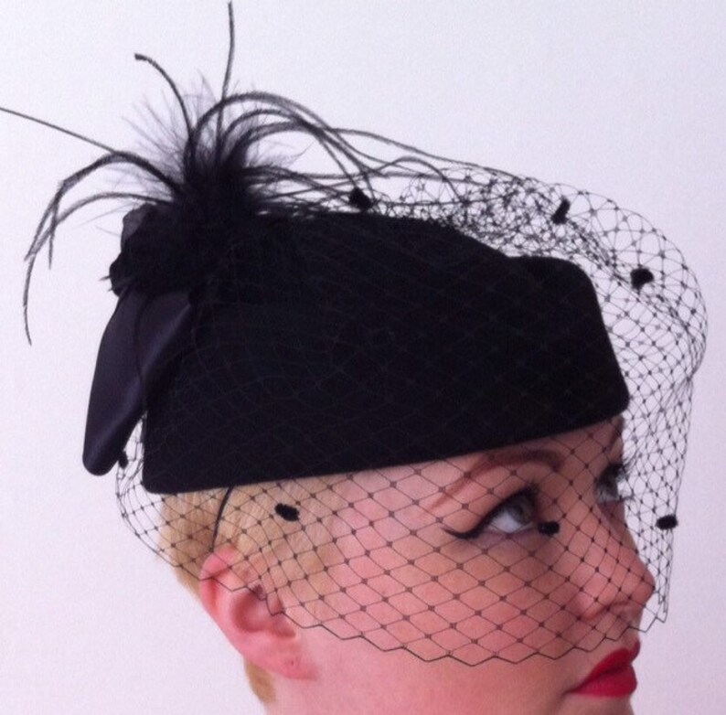 Vintage Pillbox hat 1940 1950 wool felt netted veil christmas Etsy