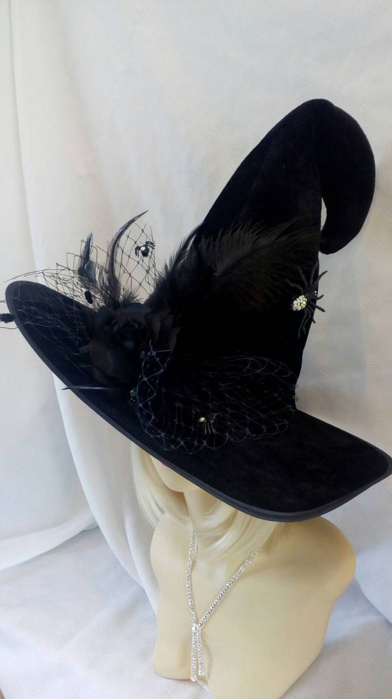 girls NEW NWT black velvet WITCH HALLOWEEN HAT COSTUME silver sparkle SPIDERS @@