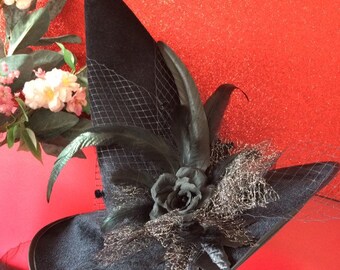 Decorated Witch hat Ostrich feather black velvet witches hat rose wicked harry potter fancy dress new year costume wickid wizard Oz