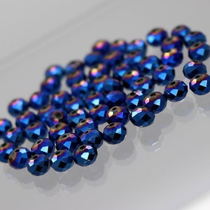 100 pcs 8mm Metallic Indigo Blue Fire Polished Glass Beads, High Quality Bright Color Beads for Beaded Bracelet, Rondelle Beads, DIY Jewelry