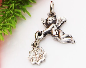 Silver Angel Charm, Flying Guardian Angel, Holy Devotional Pendant, Italian Made Bracelet Necklace Charm, Catholic Jewelry Supplies