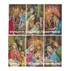 Holy family print, nativity scene Mary Joseph Baby Jesus, lot of 6 religious Christmas Holy cards, mini Italian illustrations, Christmas Art