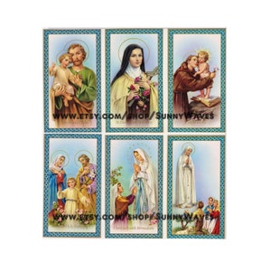 Lot de 6 cartes, Sacré-Cœur de Jésus, Saint Antoine, Sainte Thérèse, Dame de Fatima, Madone des rues, Sainte Famille, Enfant de Prague, Saint Joseph