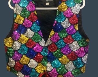 Match Ups by Matco Vest Scallop Rainbow Sequined Sz Lg Womens 80s