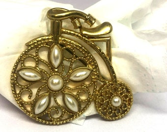 1980's Bicycle Pin 1928 High Wheel Bike with Faux Pearls, Costume Jewelry, Brooch