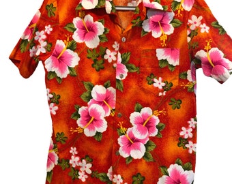 Royal Hawaiian Vtg Men's Med Orange SS Button Up Shirt G.V.H. Hawaii Print Fabric Tropical USA
