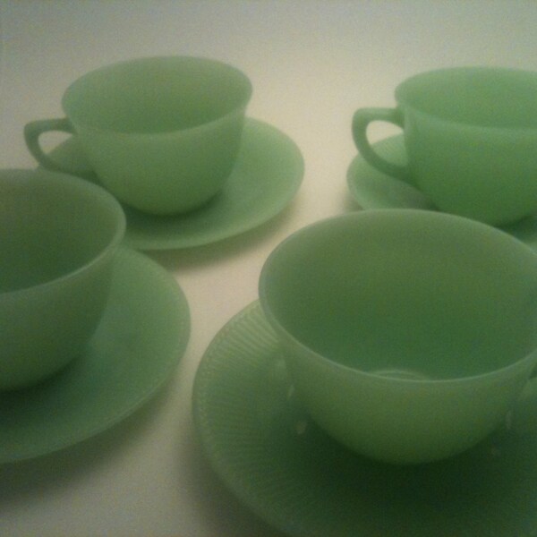 Fire King Jadite Set of Four Cups and Saucers, Excellent Condition