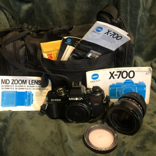 Minolta X-700 Camera w/Hoya 55mm Skylight Lens 35-70 Zoom Lens Instruction Manual Camera Bag