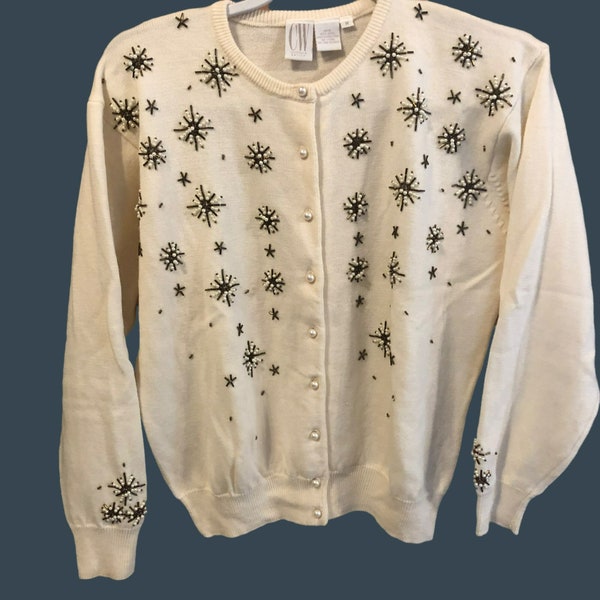 Clifford & Wills Wool Pearl Button Cardigan Sweater VTG Hong Kong Beaded Ivory Romantic READ