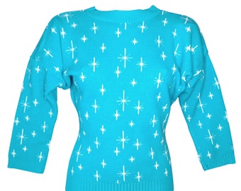 Ice Queen - Atomic Stars - Three Quarter Sleeve Daphne Jumper by Miss Fortune - Blue White novelty Christmas sweater
