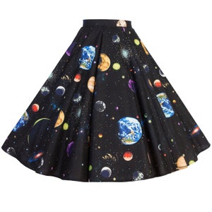 Galaxy print Circle Skirt by Miss Fortune. Out of this world solar system novelty print, with a pocket!