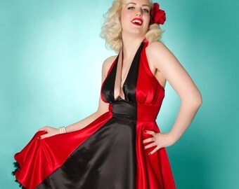 REDUCED DEADSTOCK Red & Black Duchess Satin Halter Neck Swing Minx Dress by Miss Fortune