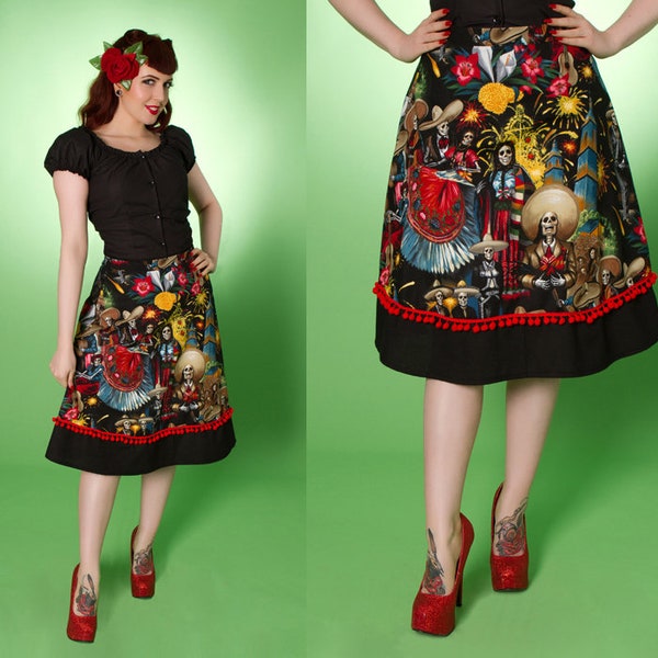 REDUCED! XS - 27" Waist - Day Of The Dead - Fiesta Skirt - Miss Fortune