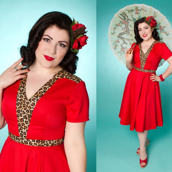 REDUCED! X Small - (runs a size small) Red & Leopard Print Cotton 'Zara Dress' - Miss Fortune