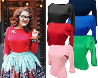 Kitty Batwing Top - jersey slash neck 1950s style 3/4 length sleeves red, pink, blue, black, navy, green