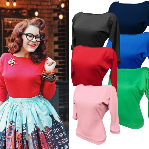 Kitty Batwing Top - jersey slash neck 1950s style 3/4 length sleeves red, pink, blue, black, navy, green