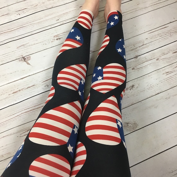 Patriotic USA Black Leggings with Red /& White Stripes from USA Flag Waistband Cut /& Sew Sport Leggings