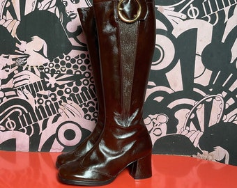 Vintage 70s Deadstock Dark Brown Faux Leather Heeled Boots with Buckle & Soft Lining US Size 6 EU Size 36-37 UK Size 4 Made in Austria