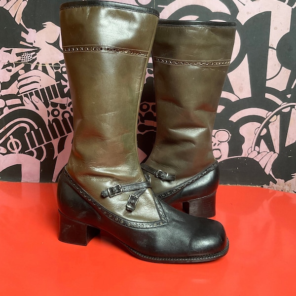 Vintage 70s Dead Stock Two-Toned Black & Olive Green Leather Mid-Calf Heeled Boots Fuzzy White Lining US Size 6 EU Size 36-37 UK Size 4 Kids