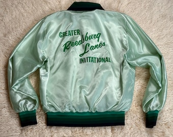 Vintage 70's 80’s Mint Green Satin Bowling Bomber Jacket Size Large