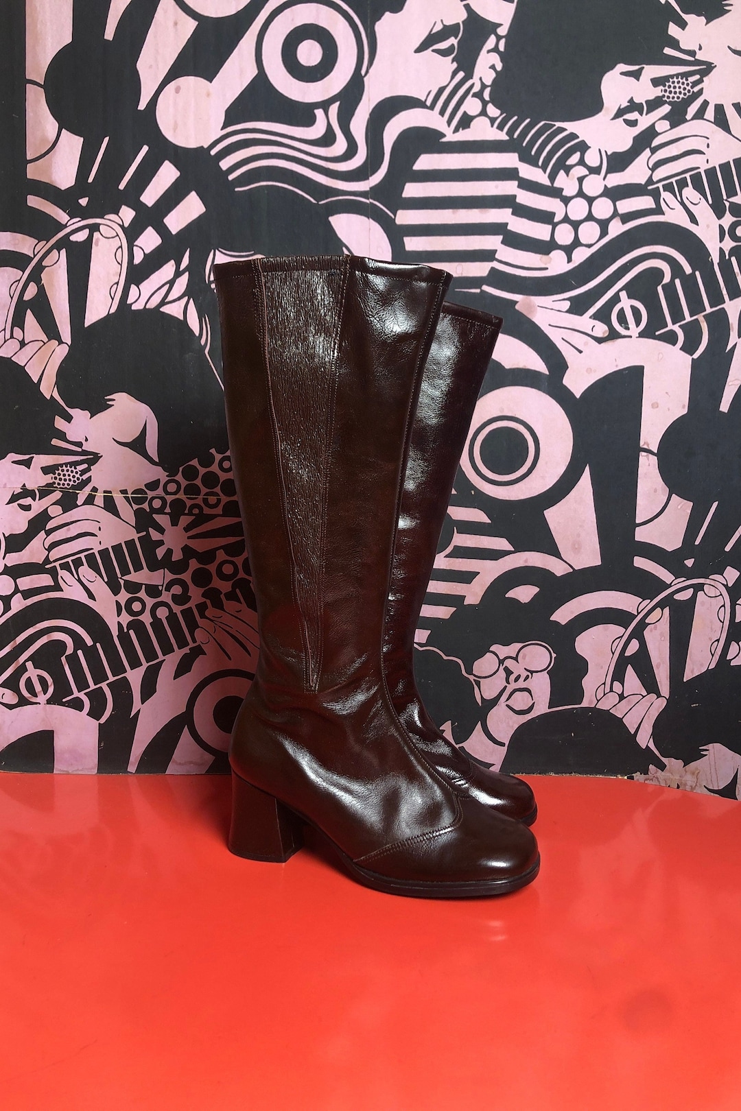 Vintage 1970s Brown Leather Knee High Heeled Boots, US Size 4 - Etsy UK
