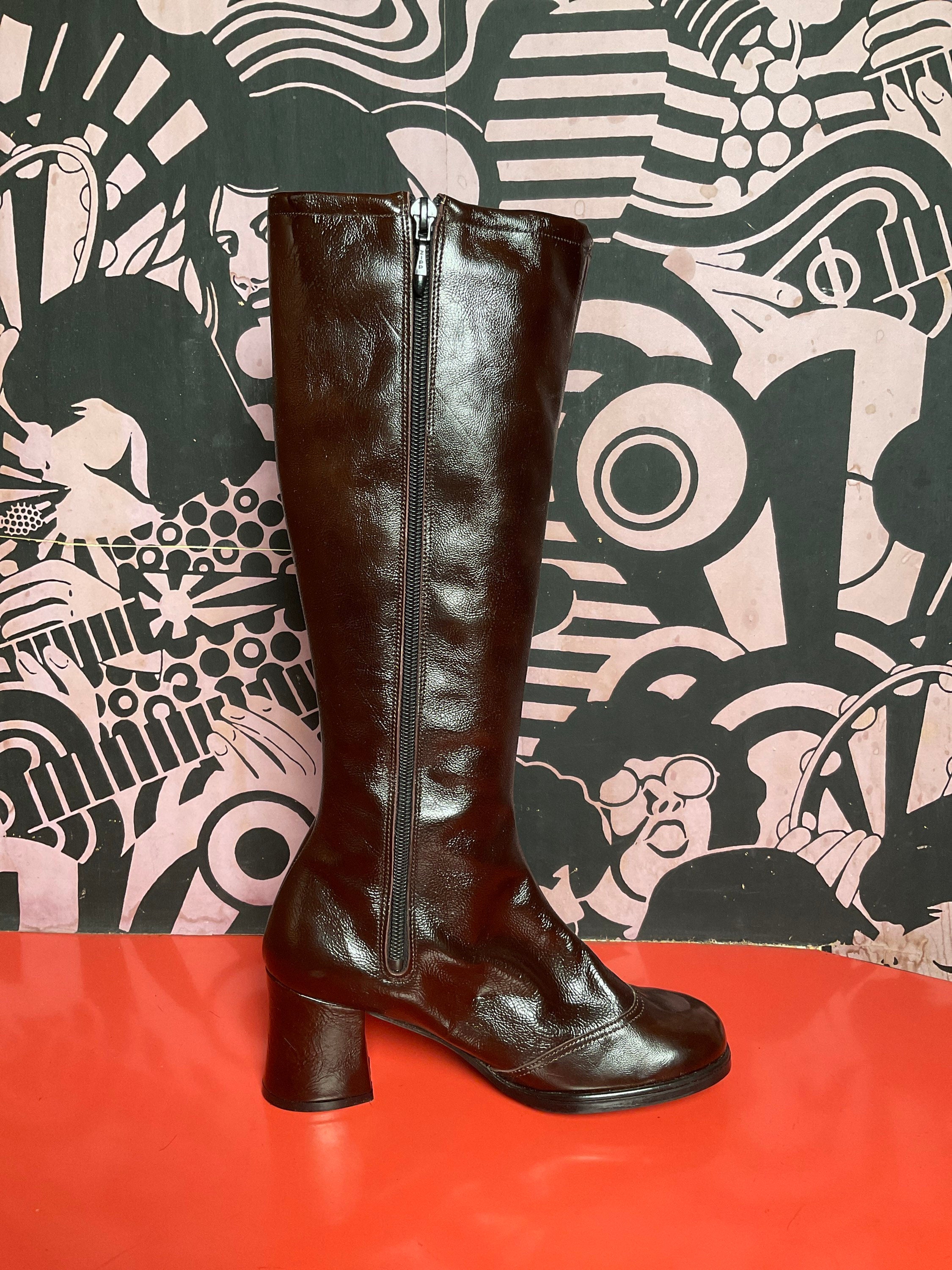 Vintage 70s Brown Faux Leather Heeled Boots, Buckle Detail, US Size 6 ...