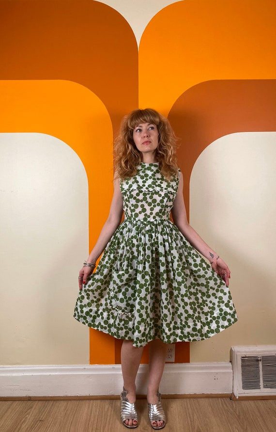Vintage 1950's Green & White Dress Polka Dot 1960'