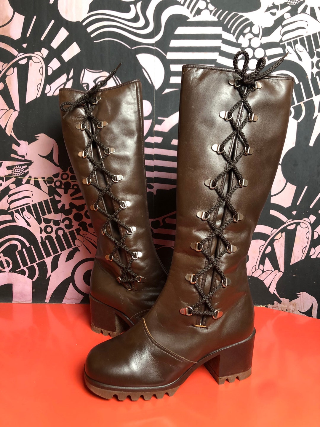 Vintage 1970's Brown Leather Lace up Knee High Platform Boots US Size 6 ...